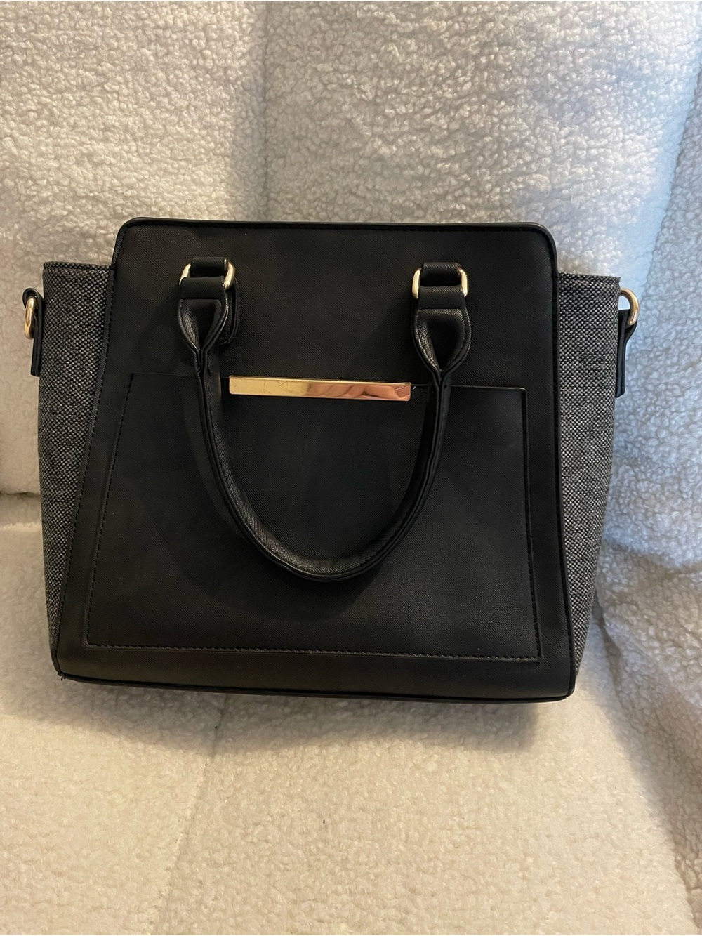 Structured Black and Gray Women’s Satchel Bag with Gold Accent